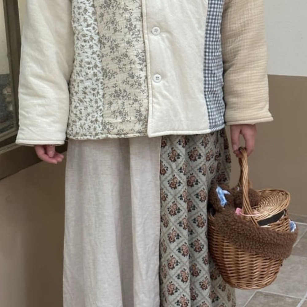 Korean Style Outfits Patchwork Cotton-padded Coat and Printed Skirts